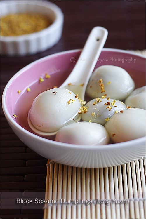 Easy Chinese black sesame mochi tang yuan in ginger syrup.