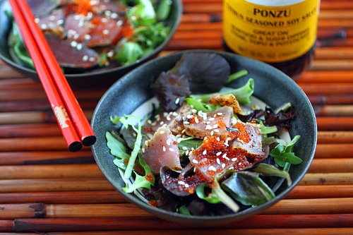 Japanese tuna salad with Mizkan ponzu dressing, ready to serve.