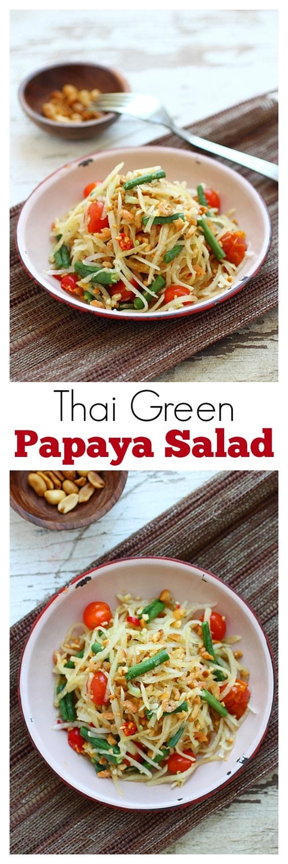 Thai green papaya salad – the best salad ever with shredded green papaya, long beans and tomatoes. So yummy | rasamalaysia.com