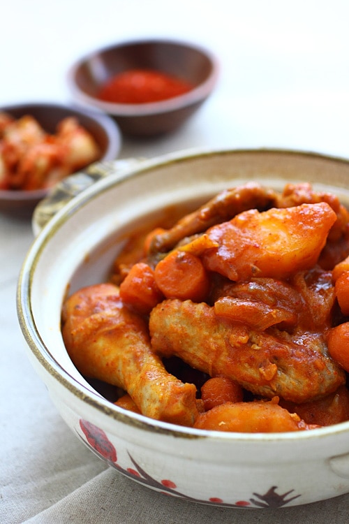 Easy Korean Dak-bokkeum-tang chicken stew, ready to serve.