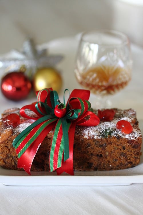 Moist Christmas festival fruity cake with Christmas decoration.