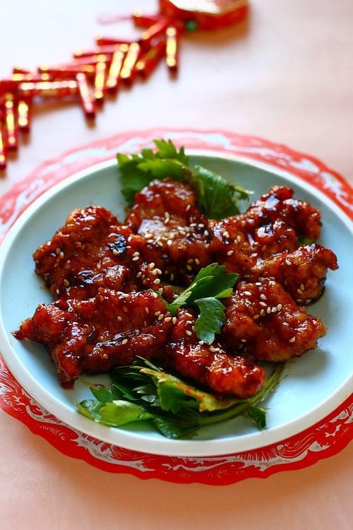 Delicious Peking pork chop (京都排骨) coated with red sauce, served in a plate.
