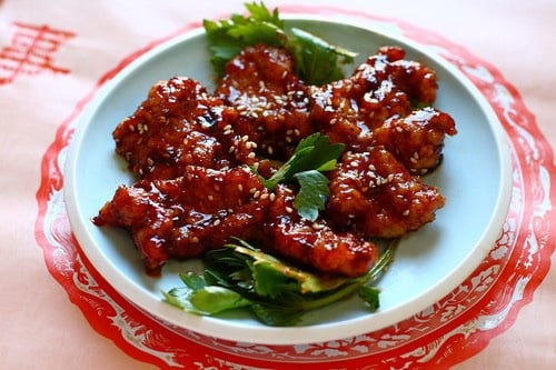 Tender, juicy pork chops doused in a Peking sauce. Delicious recipe waiting to be eaten.