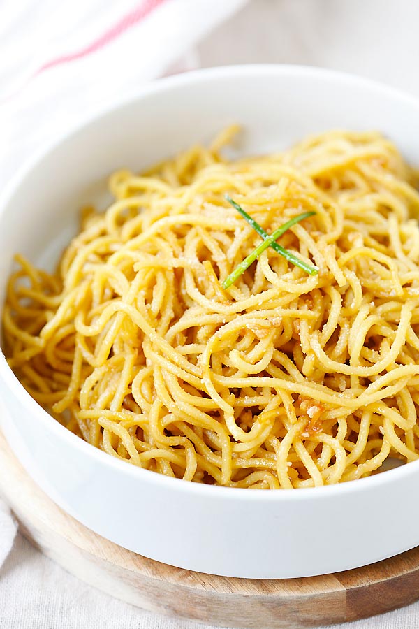 Garlic Noodles with garlic, butter, Parmesan cheese and Asian sauces.