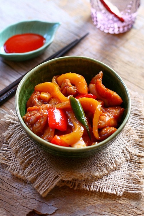 Easy Asian mango chicken stir fry dish served in a bowl.