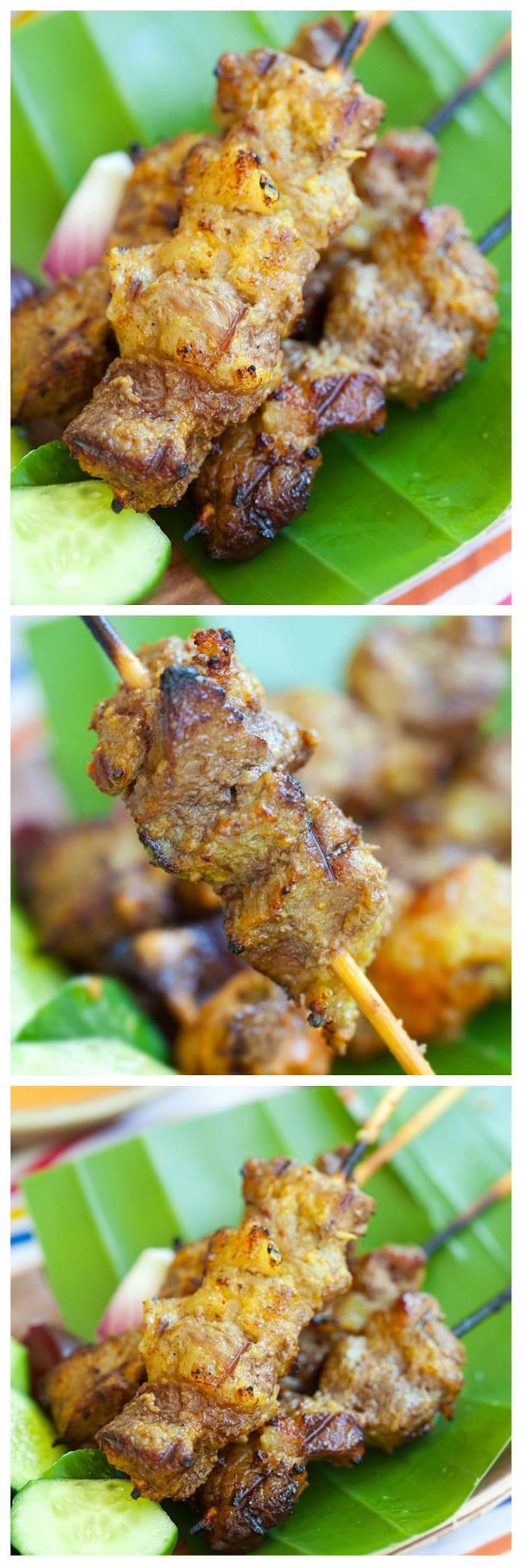 Beef Satay - beef is marinated overnight with spices, skewed to satay and grilled. Best beef satay recipe with spicy peanut sauce | rasamalaysia.com