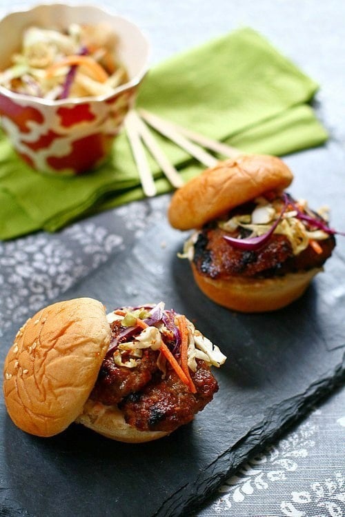 Easy and delicious Asian grilled five spices pork sliders with Asian slaw fillings.