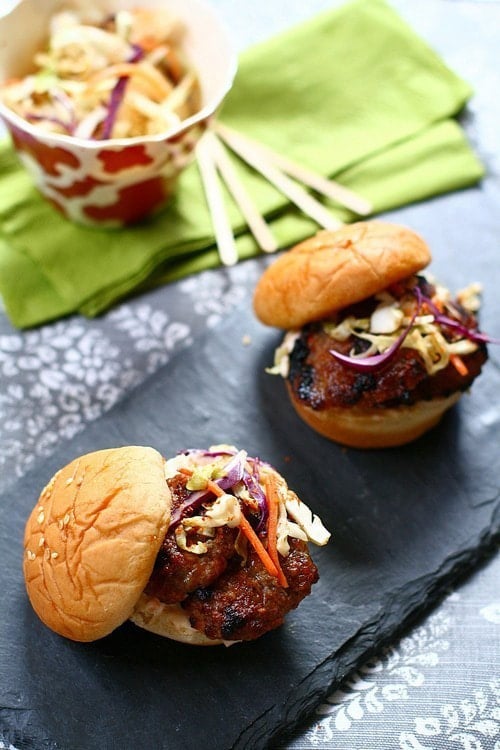 Easy and delicious homemade Asian five spices grilled pork sliders, ready to serve.