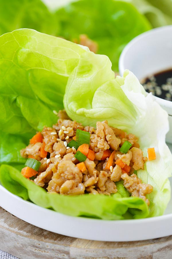 Ground chicken with fresh lettuce leaves for lettuce wraps.