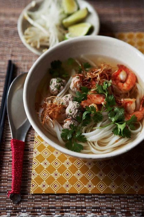 Phnom Penh Noodle Soup recipe - Serve this delightful soup immediately with lime wedges and extra bean sprouts on the side. | rasamalaysia.com