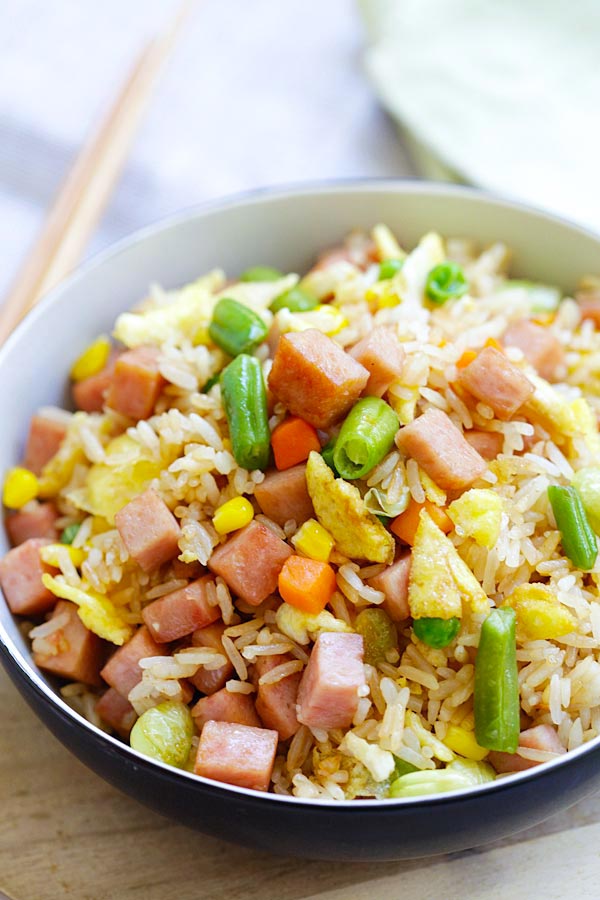 Easy and delicious homemade spam fried rice, ready to serve.