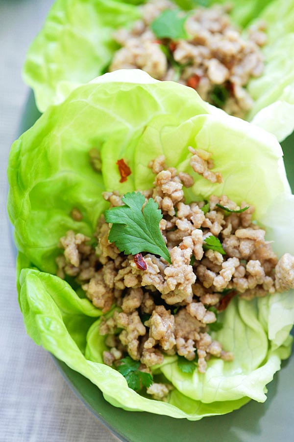 Laos minced pork larb wrapped in lettuce leave.