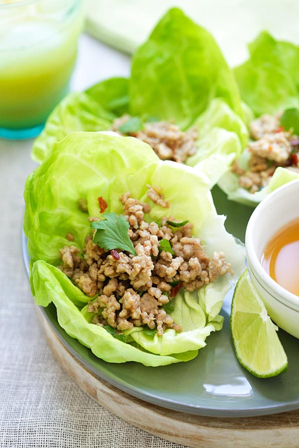 Healthy and delicious Thai ground pork lettuce wraps with a savory, sweet and mildly spicy dipping sauce.