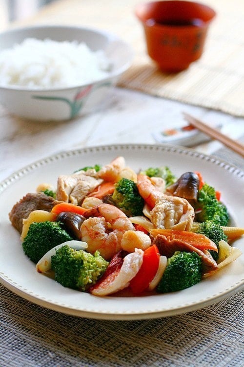 Easy and delicious homemade takeout style happy family stir fry served in a plate.