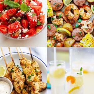 Watermelon salad, shrimp boil, chicken souvlaki and coconut water lemonade.