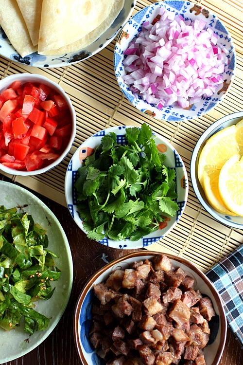 Korean kalbi (BBQ beef short rib) tacos ingredients.