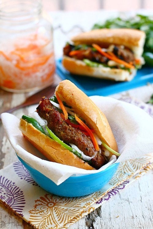 Easy Vietnamese banh mi recipe with grilled lemongrass pork sandwiched in between the French baguette bread.