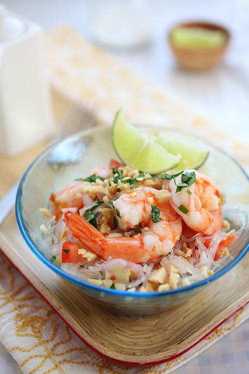 Healthy Thai rice noodle salad with chili-lime and peanut dressings.