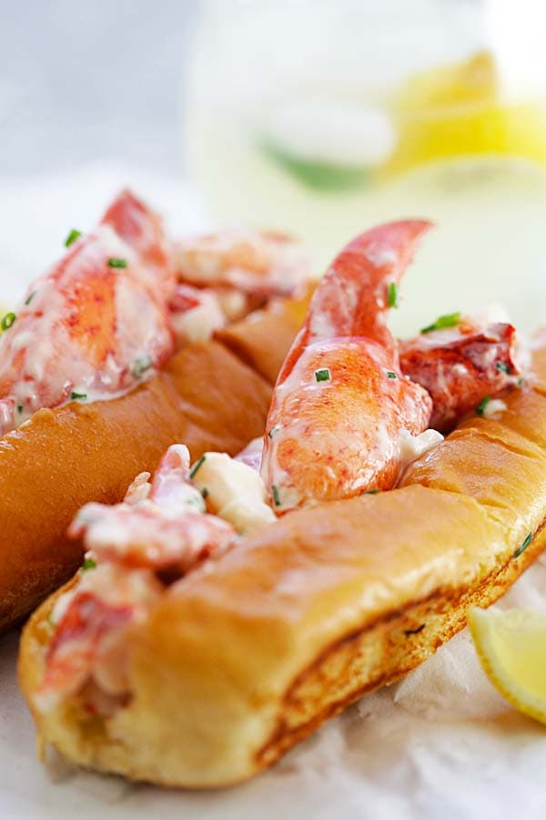 Maine lobster roll filled with mayo inside a lobster roll bread.