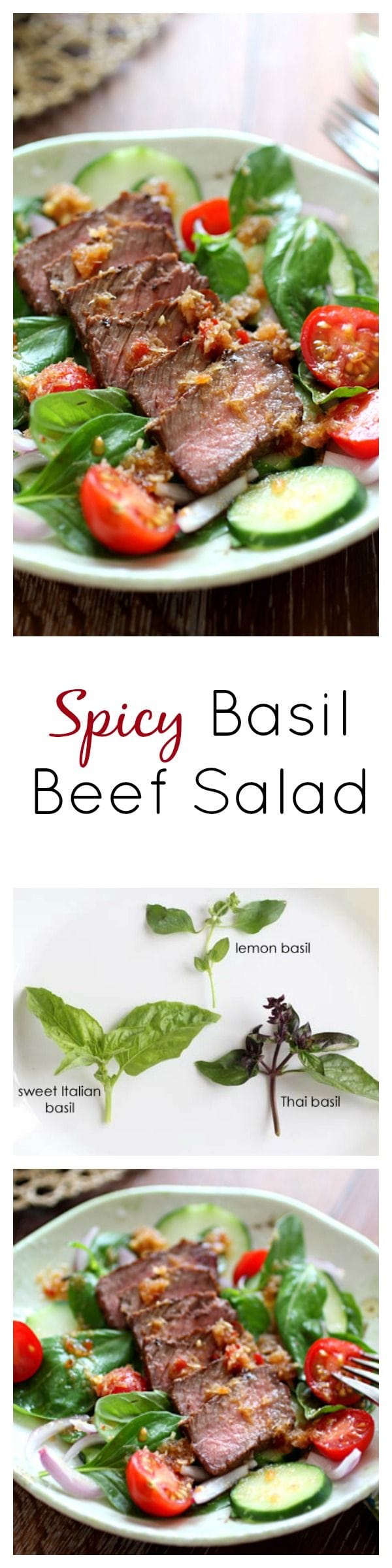 Spicy basil beef salad. Perfectly seared beef with basil leaves, tomatoes and a spicy Thai dressing, so healthy and yummy | rasamalaysia.com