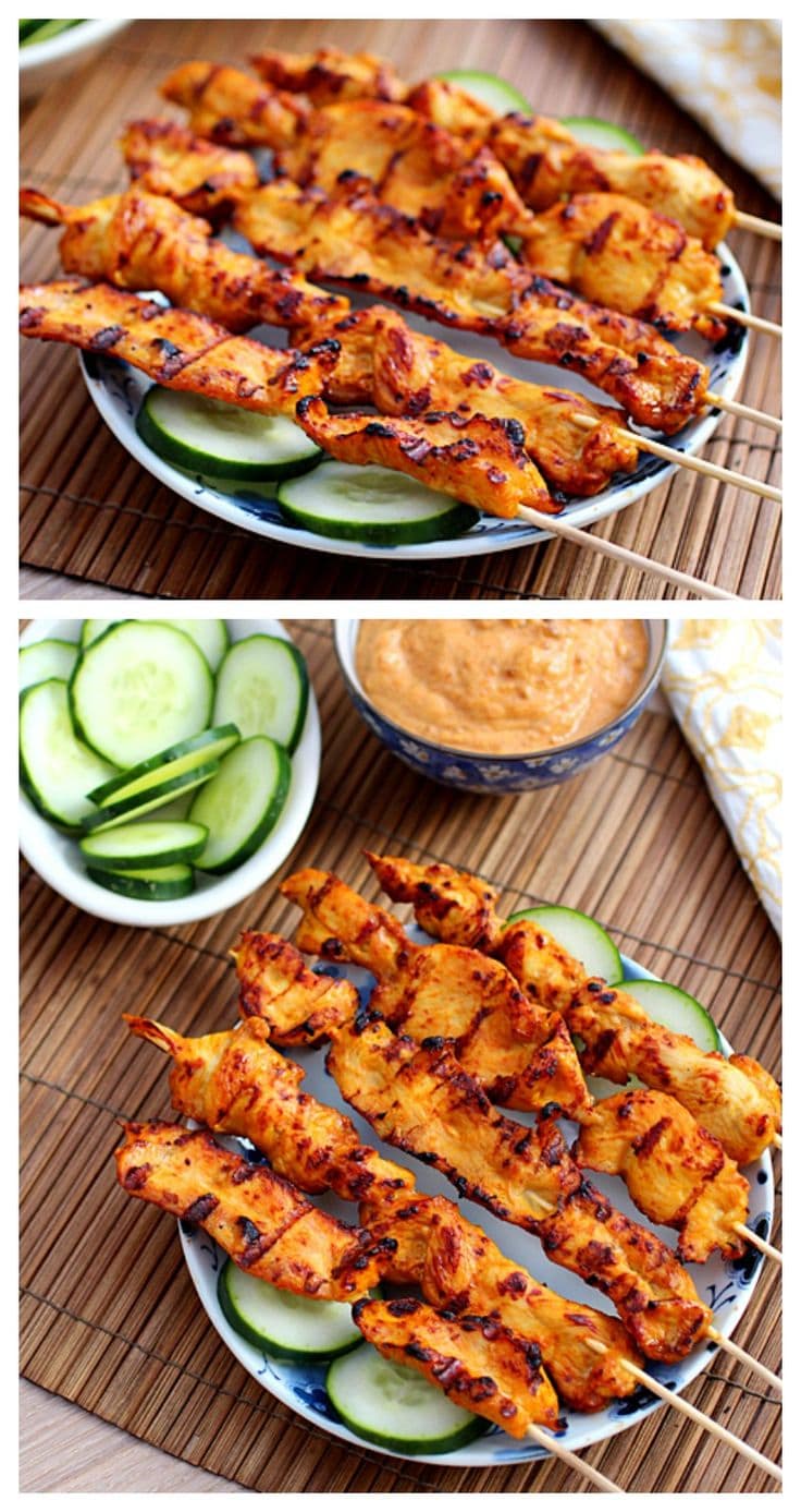 Thai Chicken Sate with Peanut Sauce – Thai chicken sate with peanut sauce. Make these at home with this easy recipe--much cheaper, delicious, and you can have as many sticks as you want! | rasamalaysia.com