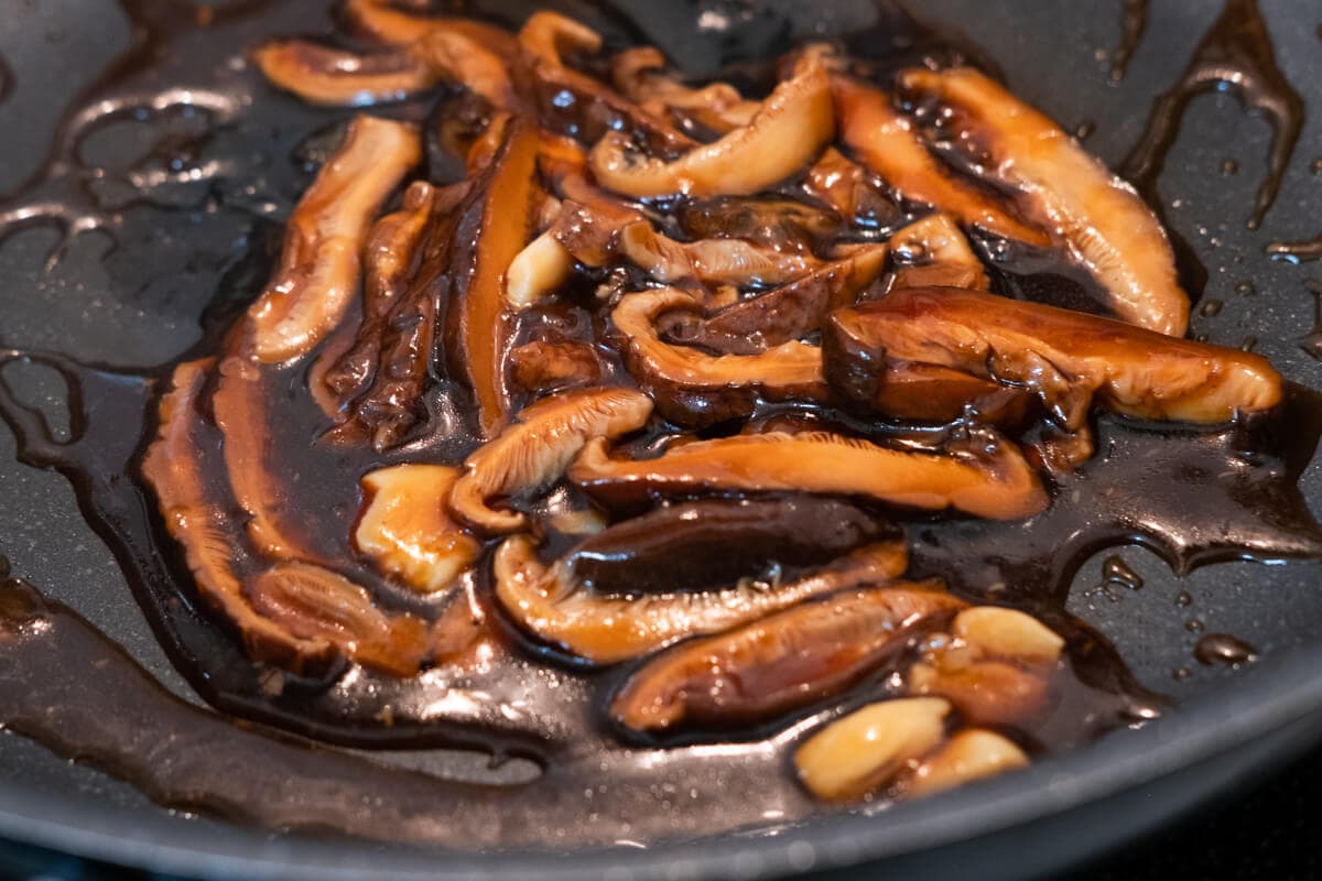 Cooked mushroom sauce in a pan. 