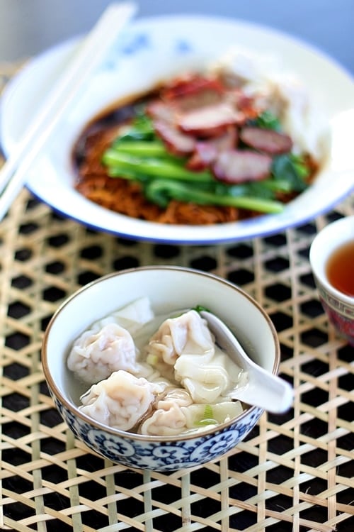 Wonton noodle soup in a bowl.