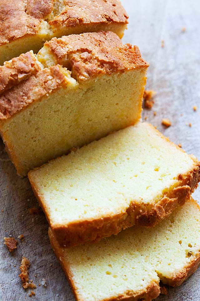 Traditional pound cake recipe using butter, all purpose flour, sugar and eggs.