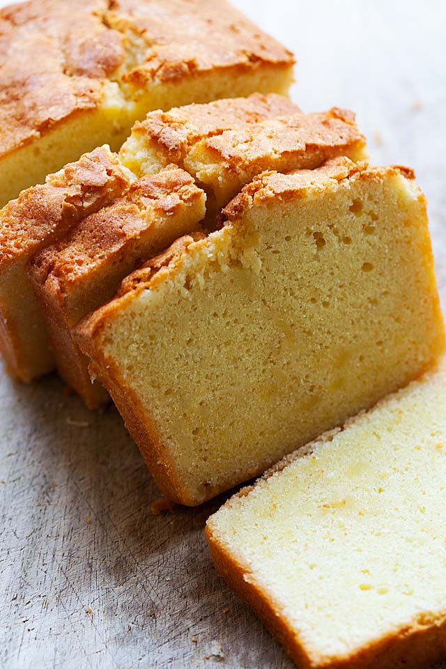 Old fashioned pound cake baked in a loaf pan.