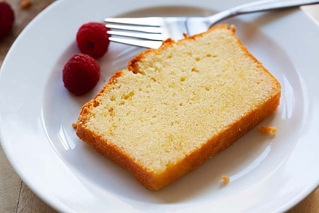 Old fashioned pound cake baked in a loaf pan.