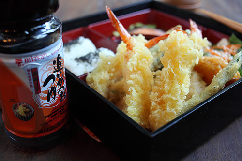 Fast shrimp Tempura Recipe served with Japanese rice balls, pan-friend salmon, tofu salad with miso dressings.