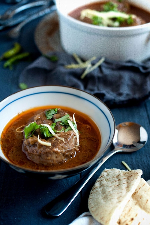 Easy homemade Northern Indian Nihari beef stew in a bowl, ready to serve.