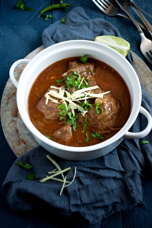 Easy homemade slow cooked Indian Nihari beef stew served in a bowl.