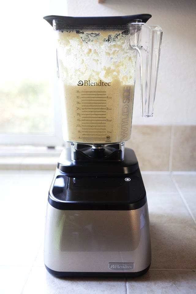 Blending soy beans and water in a blender to make soy milk.