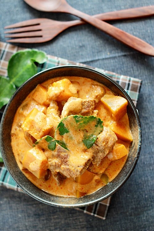 Top down view of Thai pumpkin and beef curry.