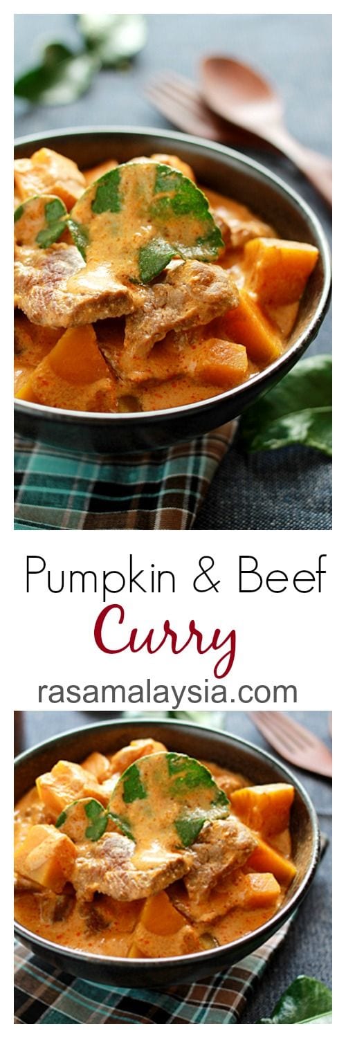 Pumpkin and Beef Curry – This Thai-style beef curry is amazingly delicious, with chunks of pumpkin in a mildly spicy and rich curry. SO YUMMY | rasamalaysia.com