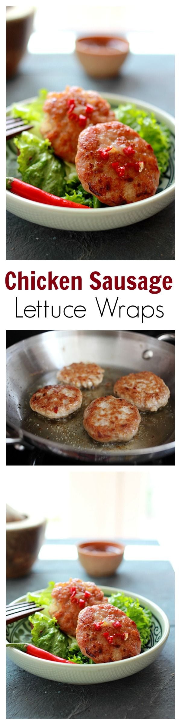 Chicken Sausage Lettuce Wraps - perfectly pan-fried chicken sausage patty wrapped with lettuce, so refreshing and yummy | rasamalaysia.com