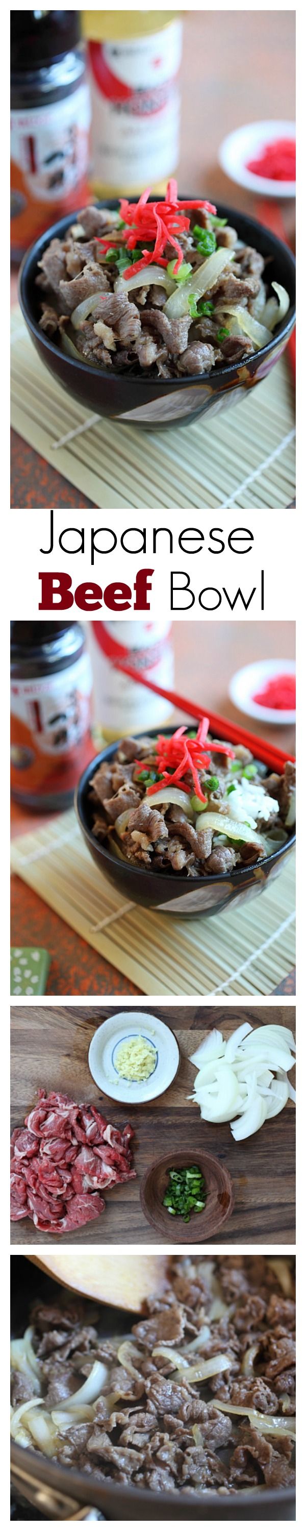 Japanese Beef Bowl Gyudon - easy & delicious simmered beef with onion, soy sauce and rice. Takes 15 minutes to make | rasamalaysia.com