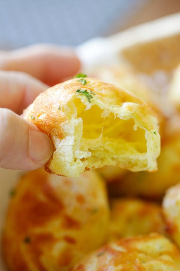 French cheese puffs or cheese gougeres cut in half.
