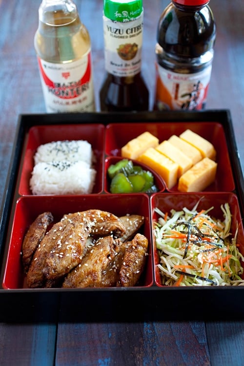 Easy and quick Japanese crispy chicken wings served in a bento lunch box.