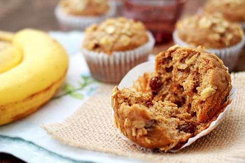 Easy homemade banana oatmeal raisin muffins recipe.