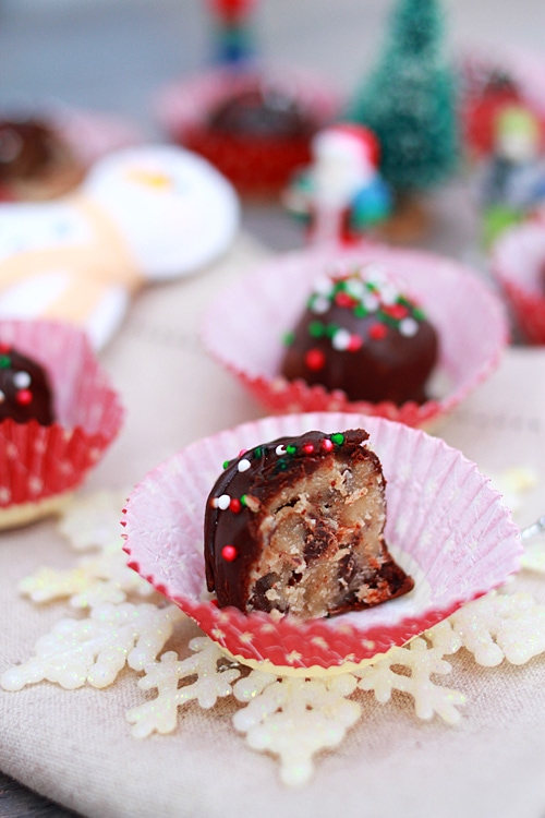 Christmas chocolate chip cookie dough truffles, ready to serve.