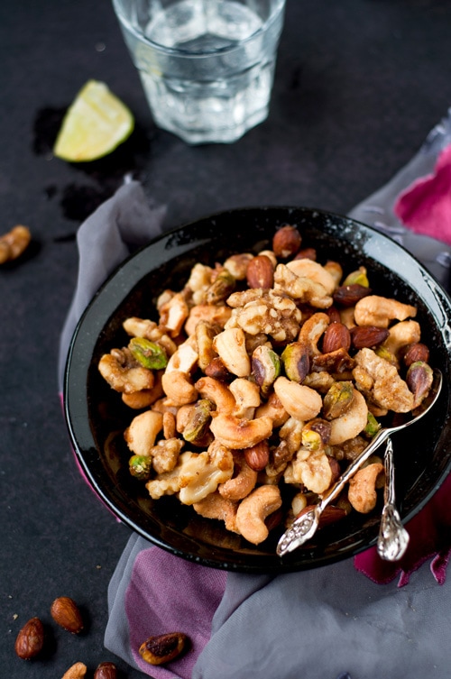 Easy and quick homemade sweet and spiced holiday nuts.