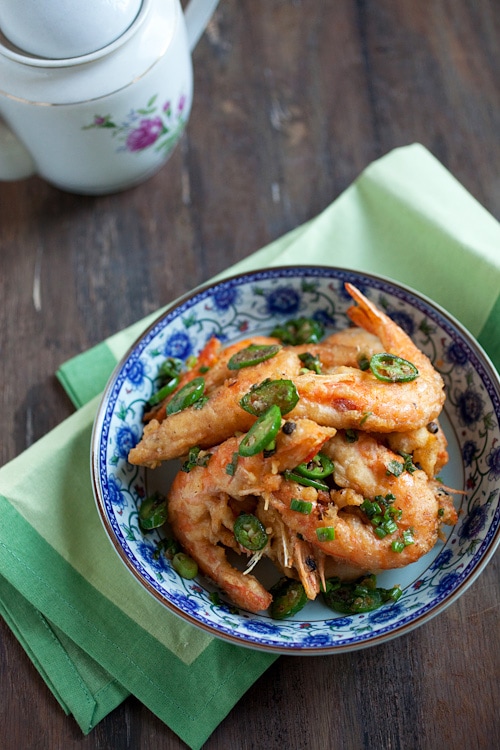 Easy and quick Chinese style salt and pepper shrimp served in a plate.