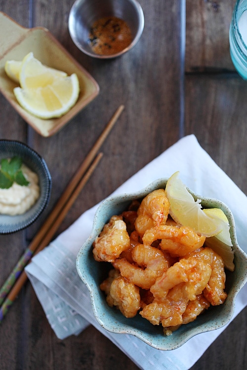Japanese dynamite shrimp appetizer in rich sriracha mayo glaze, ready to serve.