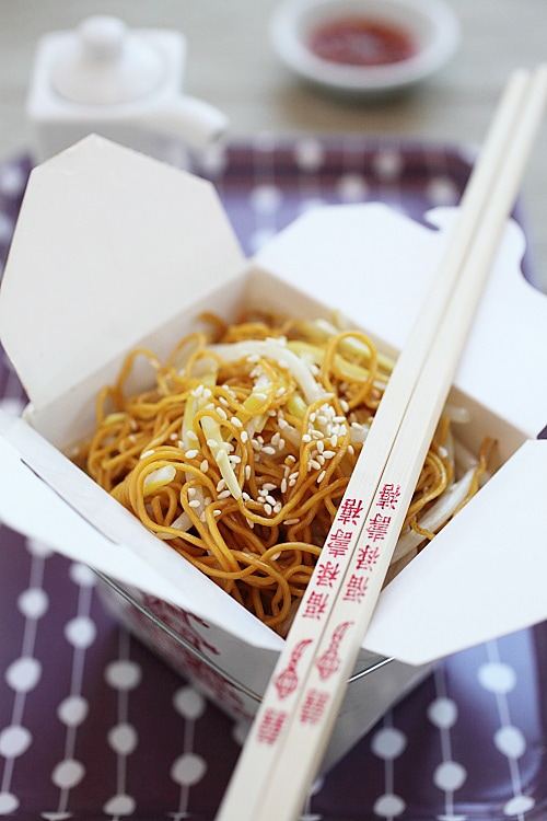 Healthy and quick soy sauce chow mein served in a takeout noodle box.