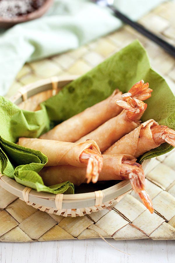 Deep fried easy shrimp and cheese spring rolls.