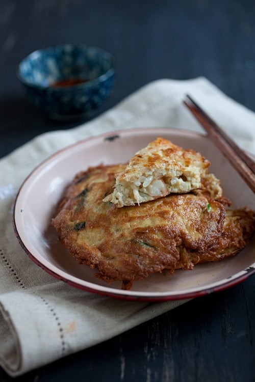 Close up of the filling of the pork and vegetables in the Egg Foo Young, a delicious Chinese omelet.