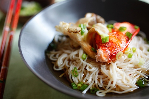 Healthy homemade Japanese lobster and mushroom noodles ready to serve.