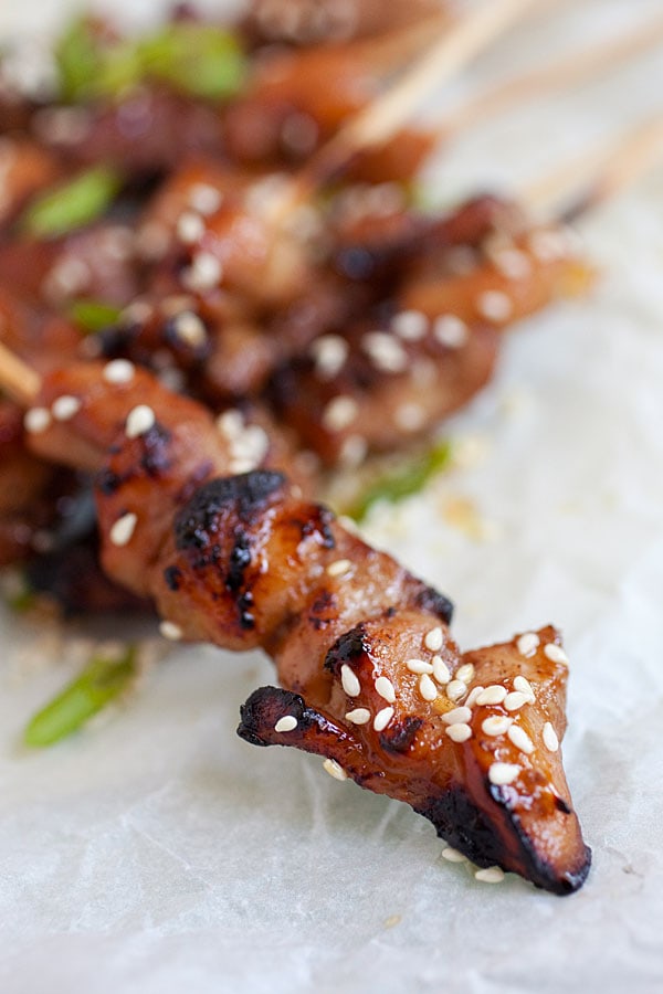 Close up of homemade Grilled Honey Sesame Chicken Skewers.
